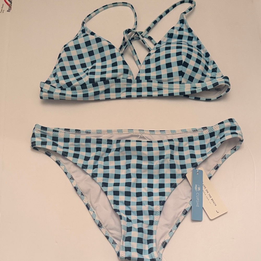 CUPSHE Women's Bikini Swimsuit Stripe V Neck Back Cross Two Piece Size Large